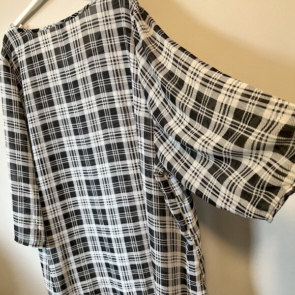 Sheer B&W Classic Plaid High Low Blouse - Picture 9 of 12